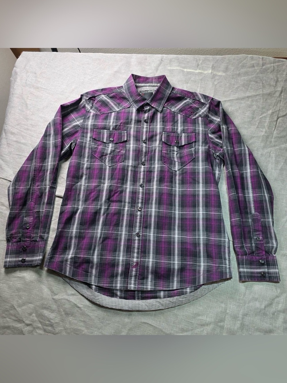 7 Diamonds Shirt Mens Large Purple Plaid Pearl Snap Western Long Sleeve Button
